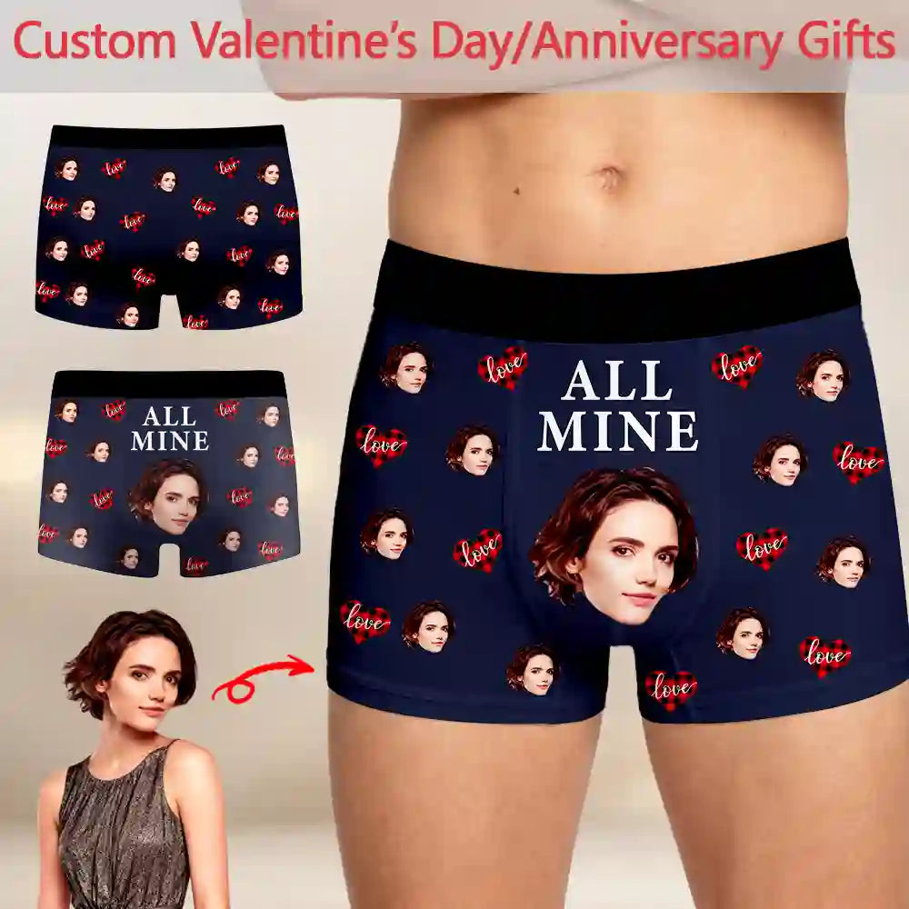 Personalized “All Mine” Photo Boxer Briefs – Custom Face Underwear, Valentine’s Day & Anniversary Gift for Him