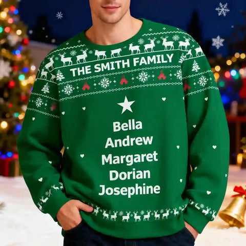 Custom Family Name Christmas Ugly Sweater – Personalized Holiday Sweatshirt with Names in Tree Shape, Perfect Gift for Families