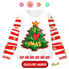 Custom Christmas Ugly Sweater – Personalized “I LOVE XMAS” Tree Design with Name