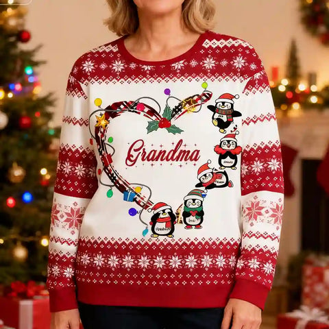 Custom Grandma Christmas Ugly Sweater – Personalized Holiday Sweatshirt with Kids as Penguins & Names, Unique Christmas Gift for Nana, Forever Love Keepsake