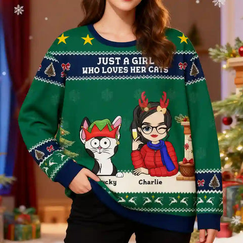 Personalized Cat Lover Christmas Sweater – “Just a Girl Who Loves Her Cats” & “A Girl and Her Cat” Custom Ugly Holiday Sweatshirt
