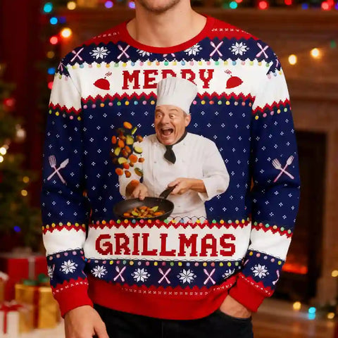 Custom Chef Christmas Ugly Sweater – Personalized Holiday Sweatshirt with Photo, Best Gift for Food Lovers