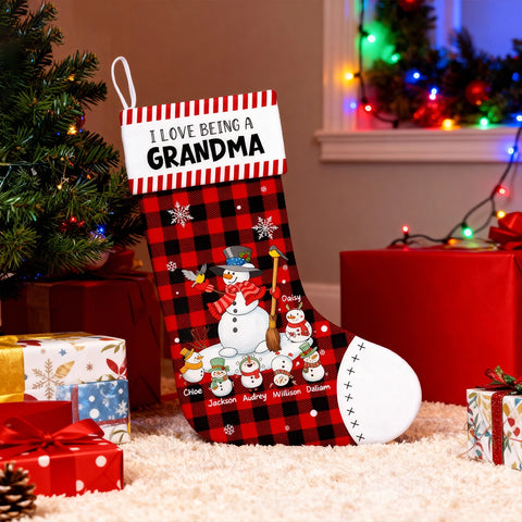Custom "I Love Being A Grandma" Christmas Stocking with Snowman Family and Grandkids' Names