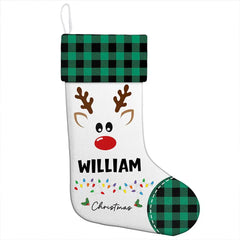 Personalized Reindeer Christmas Stocking with Name - Buffalo Plaid Style