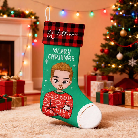 Personalized Character Christmas Stocking – Custom Name Plaid Cuff Design