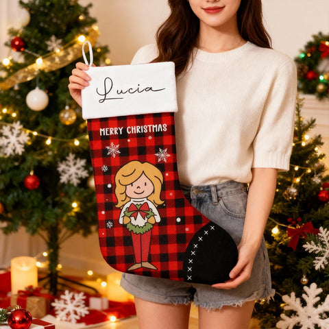 Personalized Christmas stockings with custom cartoon family character designs