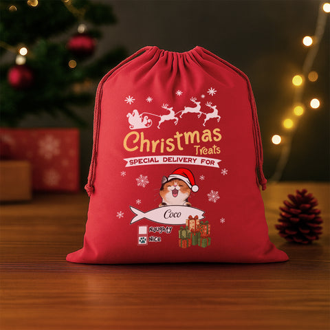 Personalized Christmas Cat Drawstring Gift Bag
