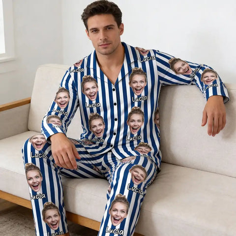 Personalized striped pajamas with custom photo portraits – a Valentine's Day gift for couples