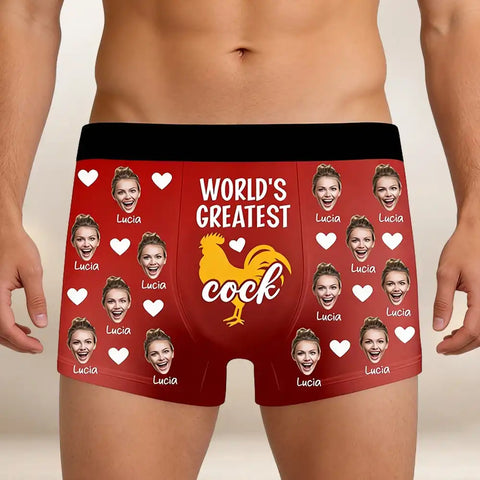 “World's Rreatest Rooster ” Custom Face Photo Boxer Briefs - A fun and personalized gift for your husband, boyfriend, or on Valentine's Day.
