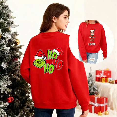 Personalized Christmas family sweatshirts with photo uploads and custom names – Designed by Ho Ho Ho