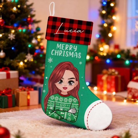 Custom Cartoon Girl Christmas Stocking – Personalized Name Design