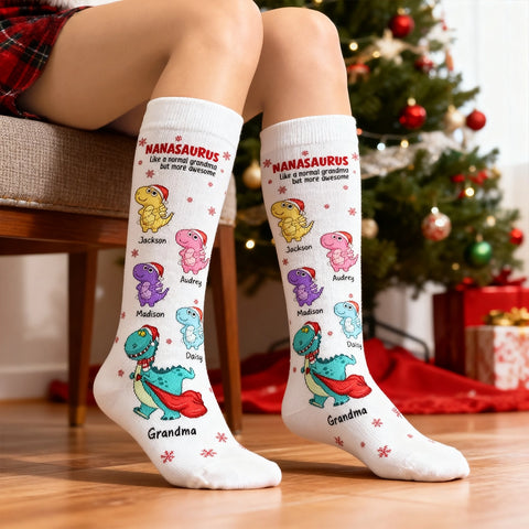 Custom Nanasaurus Christmas Socks with Grandkids' Names