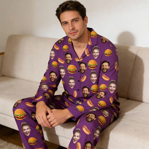 Custom-made Valentine's Day pajamas for couples, featuring personalized face photos and fun accessory patterns.