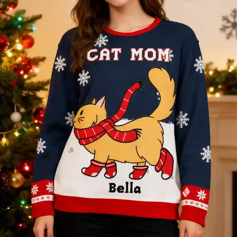 Custom Cat Christmas Ugly Sweater – Walking in the Snow, Gift for Pet Moms & Dads