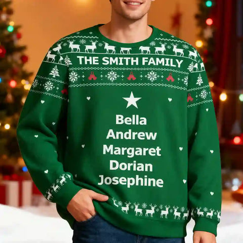 Custom Family Name Christmas Ugly Sweater – Personalized Holiday Sweatshirt with Names in Tree Shape, Perfect Gift for Families