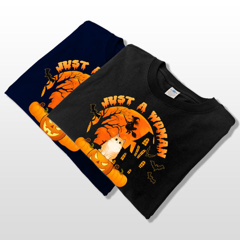 Just A Woman Who Loves Cats And Halloween - Personalized T-shirts, Sweatshirts & Hoodies