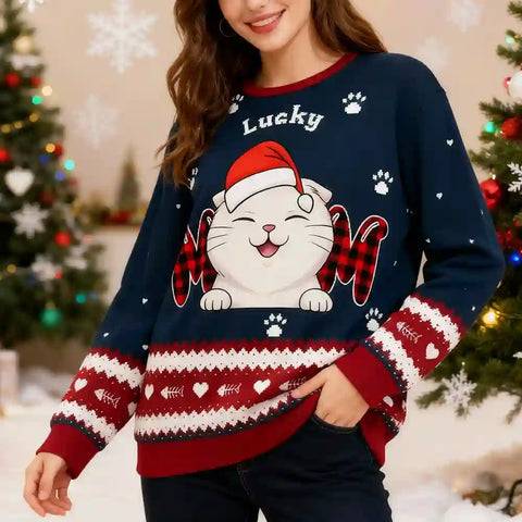 Custom Cat Christmas Ugly Sweatshirt – Personalized with Cat Name & Design, Perfect Holiday Gift for Pet Lovers，Christmas Gift