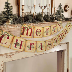 Vintage Merry Christmas Banner – Retro Victorian Christmas Decorations for Home, Office & Fireplace Mantle
