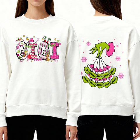 Custom Grinch Mom Christmas Sweatshirt with Kids’ Names – Double-Sided Design