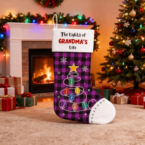 Customize "The Lights of Grandma's Life" Christmas stockings and edit your grandchildren's names on the lights