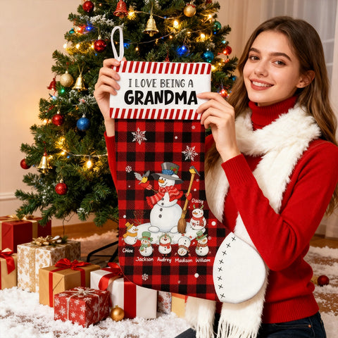 Custom "I Love Being A Grandma" Christmas Stocking with Snowman Family and Grandkids' Names