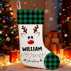Personalized Reindeer Christmas Stocking with Name - Buffalo Plaid Style