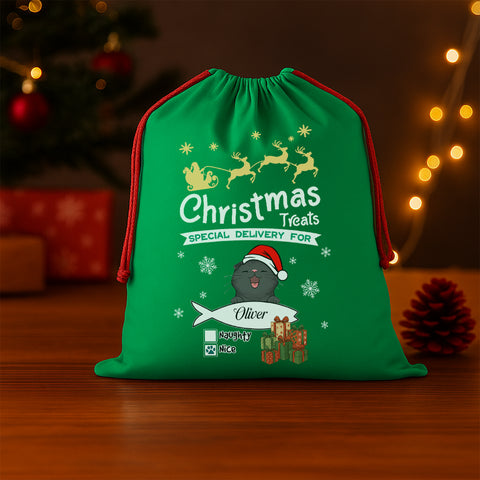 Personalized Christmas Cat Drawstring Gift Bag