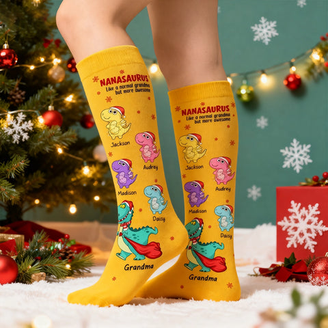 Custom Nanasaurus Christmas Socks with Grandkids' Names