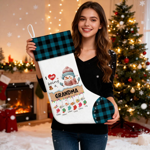 I Love Being a Grandma - Personalized Christmas Stockings with Grandchildren's Names - Snowman and Buffalo Plaid