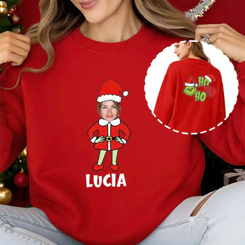 Personalized Christmas family sweatshirts with photo uploads and custom names – Designed by Ho Ho Ho