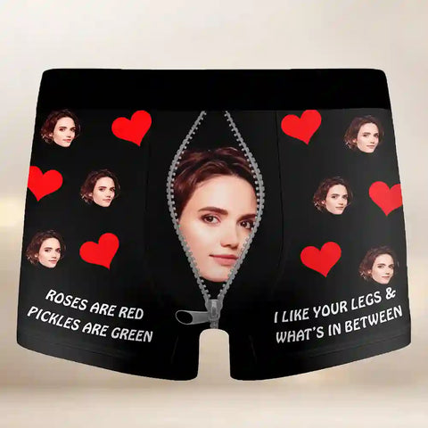 Funny Custom Face Boxer Briefs – “Roses Are Red, Pickles Are Green” Personalized Underwear Gift for Boyfriend or Husband