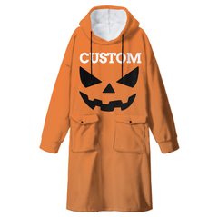 Halloween Custom Name Wearable Hoodie Blanket – Black & Orange Emoji Face Design