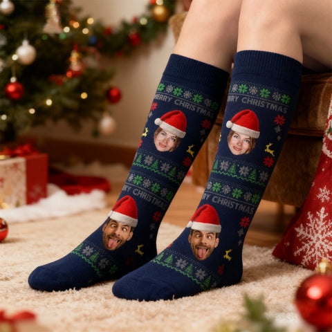 Custom Christmas stockings for men and women - personalized with photos and Santa hats