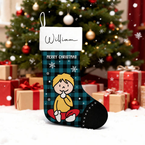 Personalized Christmas stockings with custom cartoon family character designs