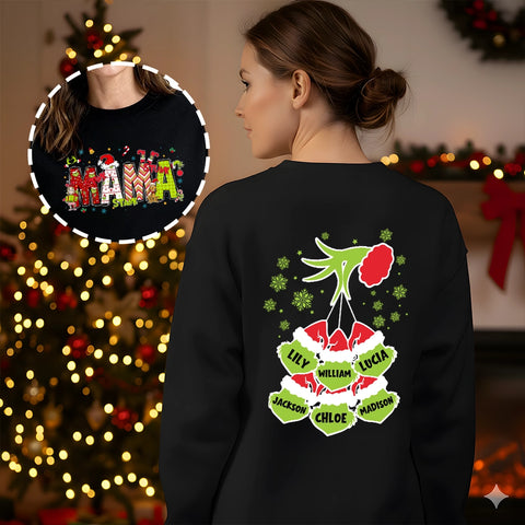 Custom Grinch Reversible Christmas Sweatshirt with Grandchildren's Names