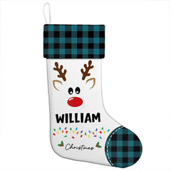 Personalized Reindeer Christmas Stocking with Name - Buffalo Plaid Style