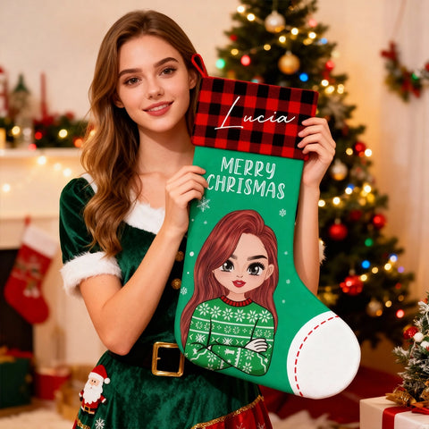Custom Cartoon Girl Christmas Stocking – Personalized Name Design