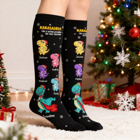 Custom Nanasaurus Christmas Socks with Grandkids' Names