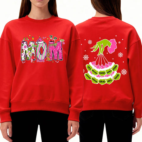 Custom Grinch Mom Christmas Sweatshirt with Kids’ Names – Double-Sided Design