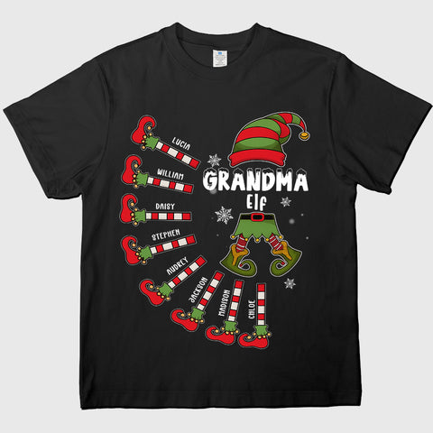 Christmas elf themed family t-shirts, sweatshirts, and hoodies – customizable with the number of children and their names