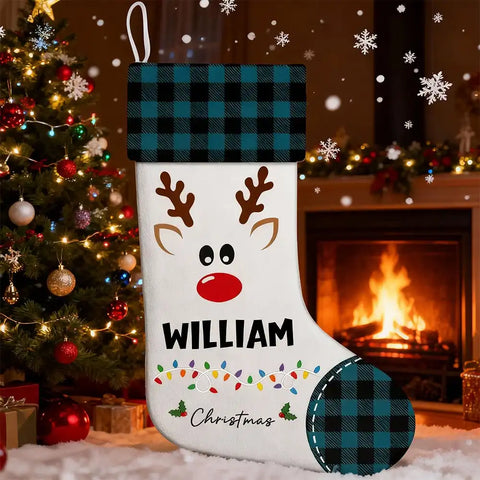 Personalized Reindeer Christmas Stocking with Name - Buffalo Plaid Style