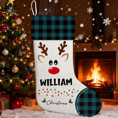 Personalized Reindeer Christmas Stocking with Name - Buffalo Plaid Style