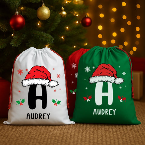 Personalized Christmas Gift Bag with Santa Hat Initial and Name