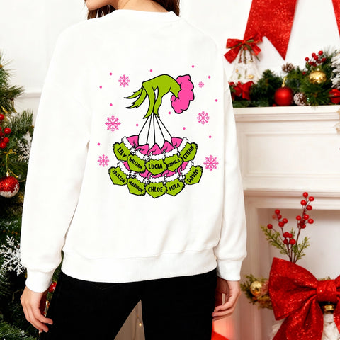 Custom Grinch Mom Christmas Sweatshirt with Kids’ Names – Double-Sided Design