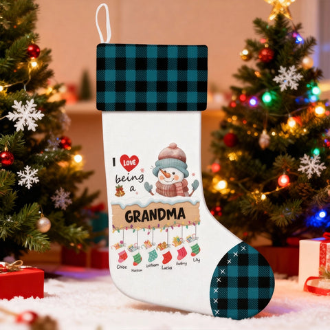 I Love Being a Grandma - Personalized Christmas Stockings with Grandchildren's Names - Snowman and Buffalo Plaid