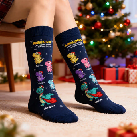 Custom Nanasaurus Christmas Socks with Grandkids' Names