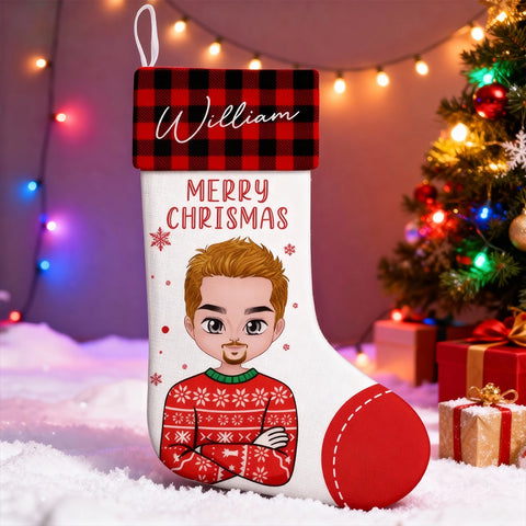 Personalized Character Christmas Stocking – Custom Name Plaid Cuff Design