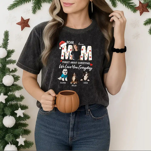 Personalized Christmas T-shirts for DAD/MOM - customizable with photos of the owner and pet.