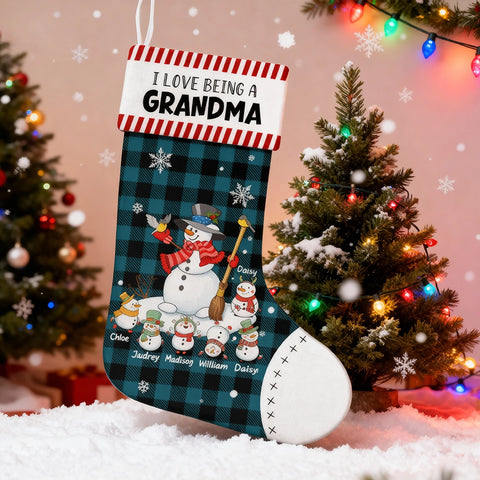 Custom "I Love Being A Grandma" Christmas Stocking with Snowman Family and Grandkids' Names