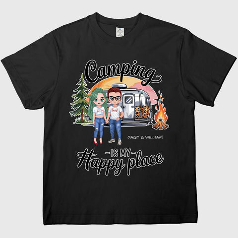Acampar es mi lugar feliz - Camisetas de algodón personalizadas, sudaderas, sudaderas con capucha, regalos para amantes del camping